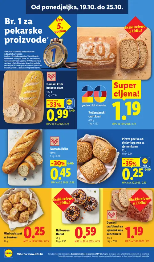 Lidl katalog — stranica 10: Pirovo pecivo od cjelovitog zrna sa sjemenkama, Domaći kruh hrvatsko zlato, Domaća lizika, Halloween Donut (vrijedi 19.10.–25.10.2026.)