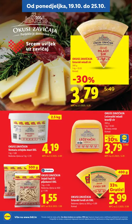 Lidl katalog — stranica 12: OKUSI ZAVIČAJA Istarski mladi sir, OKUSI ZAVIČAJA Lećevački mladi kravlji sir, OKUSI ZAVIČAJA Pljukanci XXL, OKUSI ZAVIČAJA Domaća svinjska mast XXL (vrijedi 19.10.–25.10.2026.)
