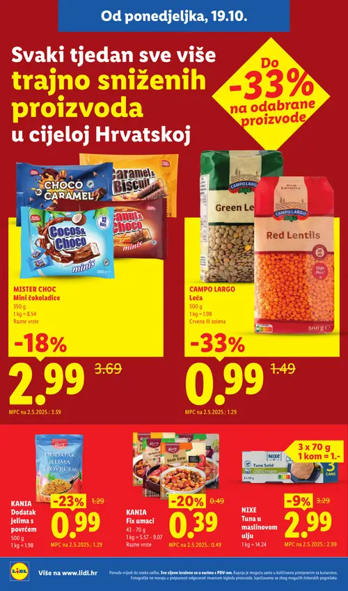 Lidl katalog — stranica 2: Campo Largo Leća, Kania Dodatak jelima s povrćem, Kania Fix umaci, Mister Choc Čokoladice (vrijedi 19.10.–25.10.2026.)