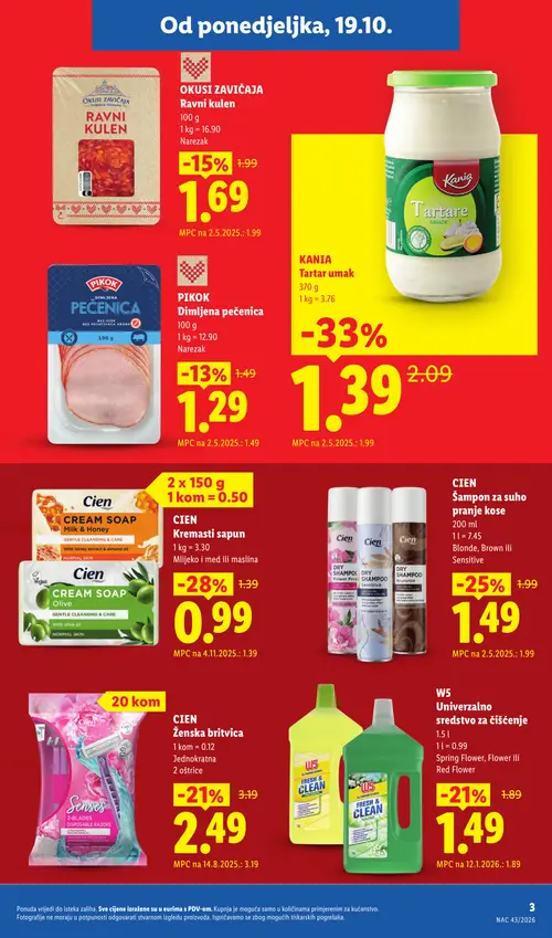 Lidl katalog — stranica 3: Kania Tartar umak, Cien Kremasti sapun, Cien Cream Soap Milk & Honey, Cien Dry Shampoo Blonde, Brown ili Sensitive (vrijedi 19.10.–25.10.2026.)