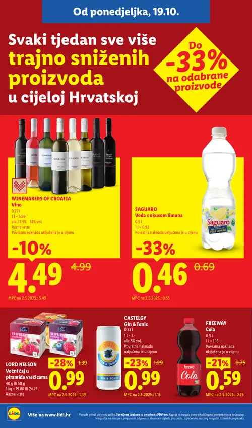 Lidl katalog — stranica 4: SAGUARO Voda s okusom limuna, LORD NELSON Voćni čaj u piramida vrećicama, CASTELGY Gin & Tonic, FREEWAY Cola (vrijedi 19.10.–25.10.2026.)