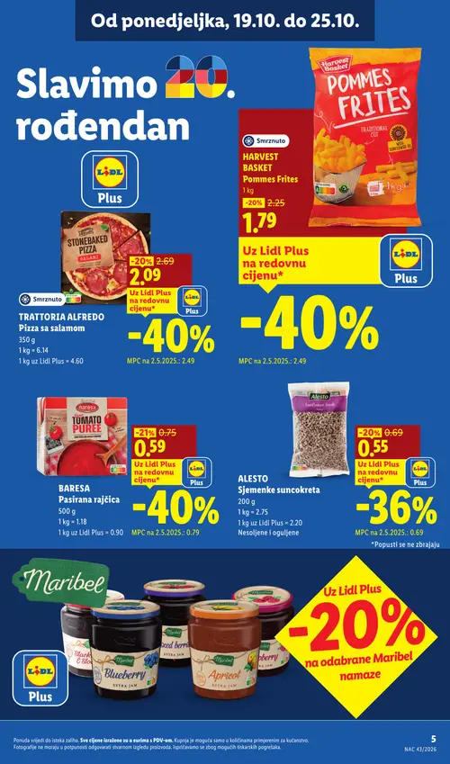 Lidl katalog — stranica 5: TRATTORIA ALFREDO Pizza sa salamom, BARESA Pasirana rajčica, HARVEST BASKET Pommes Frites, ALESTO Sjemenke suncokreta (vrijedi 19.10.–25.10.2026.)