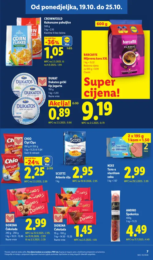 Lidl katalog — stranica 7: CROWNFIELD Kukuruzne pahuljice, NIxe Tuna u vlastitom soku, CHIO Čips, DUKATOS grčki tip jogurta (vrijedi 19.10.–25.10.2026.)