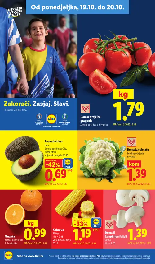Lidl katalog — stranica 8: Avocado Hass, Naranča, Kukuruz, Domaća cvjetača (vrijedi 19.10.–25.10.2026.)
