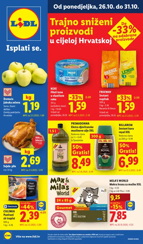 Lidl katalog — stranica 1: CULINEA Panirani sir trapist, FREEWAY Instant napitak, NIXE Fileti tune u vlastitom soku, Domaća jabuka zelena (vrijedi 26.10.–01.11.2026.)