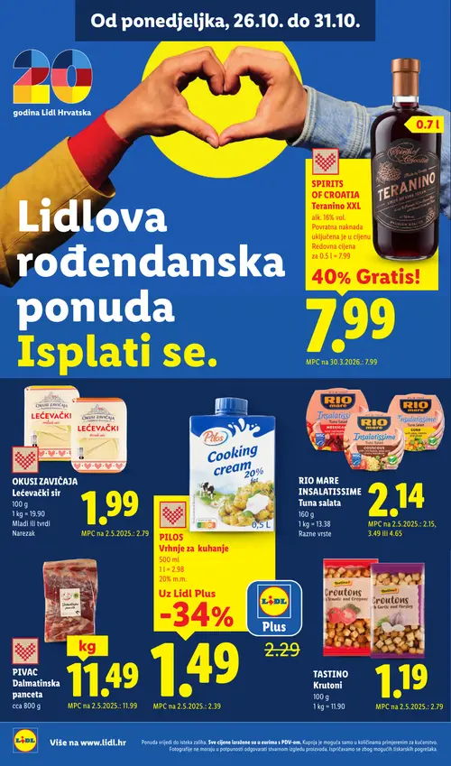 Lidl katalog — stranica 10: Tastino Krutoni, Pilos Vrhnje za kuhanje, Okusi zavičaja Lećevački sir, Pivac Dalmatinska panceta (vrijedi 26.10.–01.11.2026.)