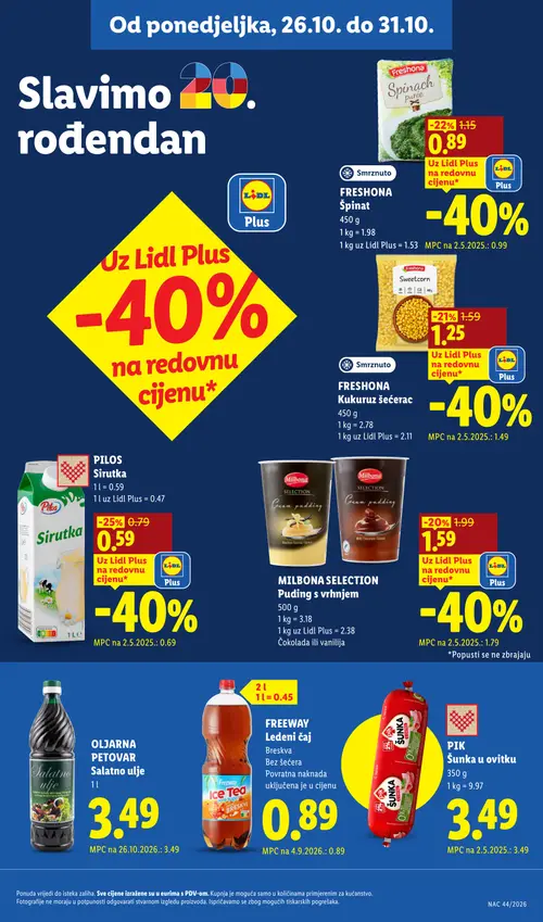 Lidl katalog — stranica 11: PILS Sirutka, FRESHONA Špinat, FRESHONA Kukuruz šećerac, MILBONA SELECTION Puding s vrhnjem (Čokolada ili vanilija) (vrijedi 26.10.–01.11.2026.)