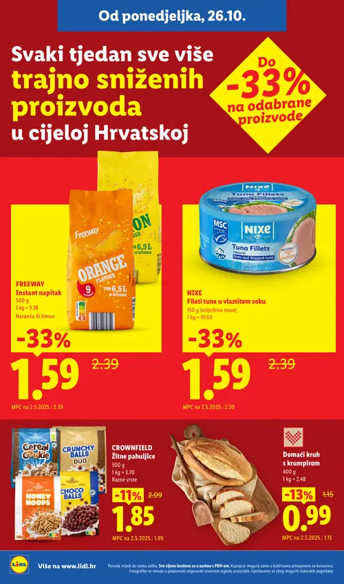 Lidl katalog — stranica 2: Nixe Fileti tune u vlastitom soku, Freeway Instant napitak naranča ili limun, Domaći kruh s krumpirom, Crownfield Žitne pahuljice (vrijedi 26.10.–01.11.2026.)