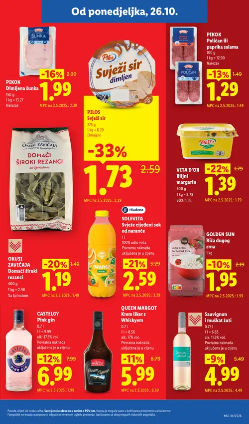 Lidl katalog — stranica 3: Pilos Svježi sir dimljeni, VITA D'OR Biljni margarin, SOLEVITA Svježe cijeđeni sok od naranče, OKUSI ZAVIČAJA Domaći široki rezanci sa špinatom (vrijedi 26.10.–01.11.2026.)