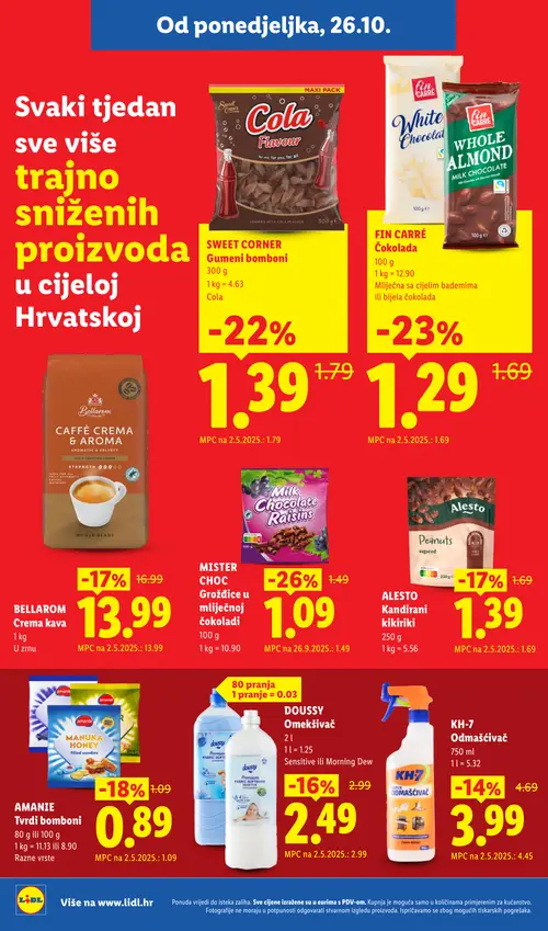 Lidl katalog — stranica 4: Mister Choc Grožđice u Mliječnoj čokoladi, Fin Carré Čokolada Bijela, Fin Carré Čokolada Whole Almond Milk Chocolate, Sweet Corner Gumeni bomboni Cola (vrijedi 26.10.–01.11.2026.)
