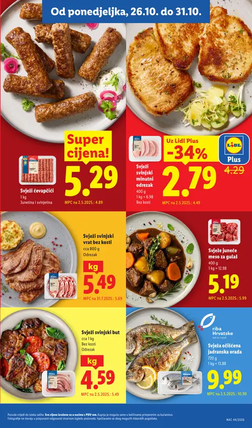 Lidl katalog — stranica 5: Lidl Plus Svježi svinjski minutni odrezak, Svježi svinjski but, Svježe juneće meso za gulaš, Svježa očišćena jadranska orada (vrijedi 26.10.–01.11.2026.)