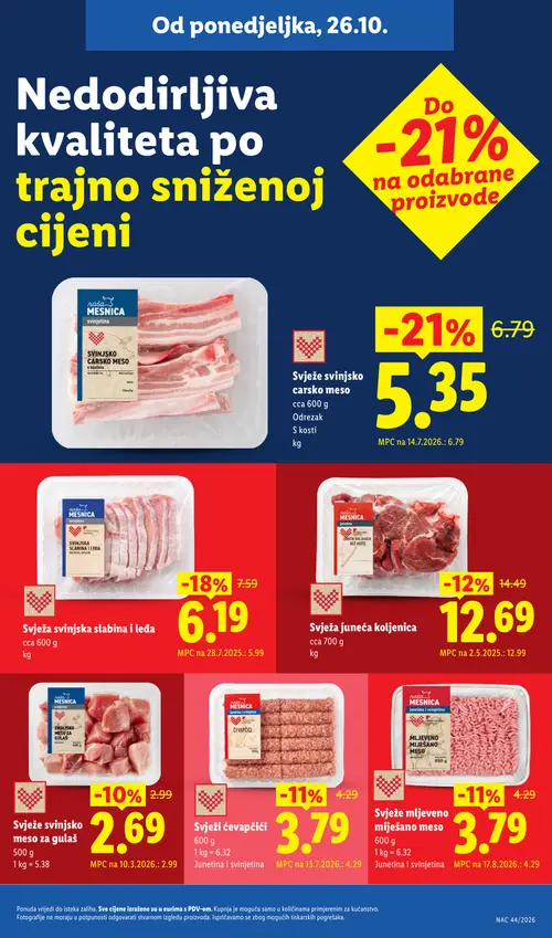 Lidl katalog — stranica 7: naša MESNICA Svinjsko carsko meso s kostima, naša MESNICA Svinjska slabina i leđa bez kosti, naša MESNICA Juneća koljenica bez kosti, naša MESNICA Miješano mljeveno meso (vrijedi 26.10.–01.11.2026.)