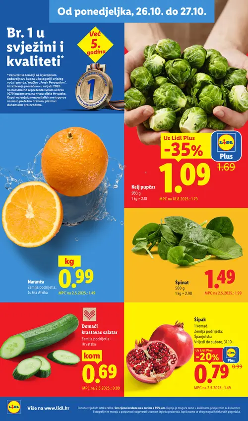 Lidl katalog — stranica 8: Kelju pupčar, Naranča, Špinat, Domaći krastavac salatar (vrijedi 26.10.–01.11.2026.)