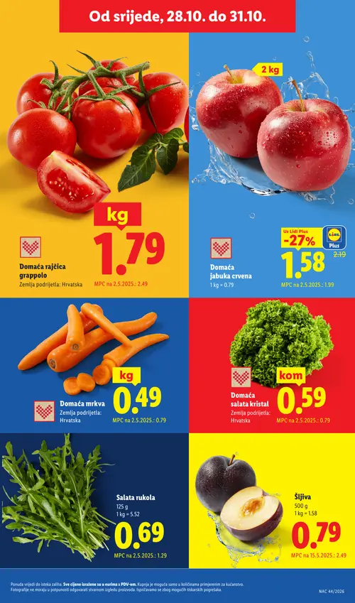 Lidl katalog — stranica 9: Šljiva, Salata rukola, Domaća mrkva, Domaća rajčica grappolo (vrijedi 26.10.–01.11.2026.)