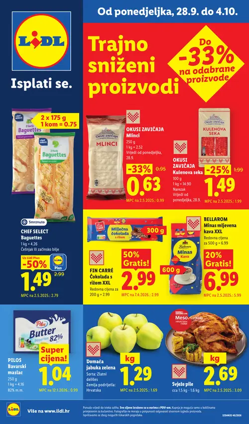 Lidl katalog — stranica 1: Chef Select Baguettes ČEŠNJAK ILI ZAČINSKO BILJE, Okusi zavičaja Mlinci, Okusi zavičaja Kulenova seka, Domaća jabuka zelena (vrijedi 28. 09. 2026.–04. 10. 2026.)