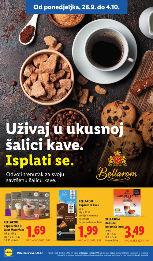 Lidl katalog — stranica 10: BELLAROM Kapsule karamela latte, BELLAROM Kapsule za kavu, BELLAROM Cappuccino ili Latte Macchiato (vrijedi 28. 09. 2026.–04. 10. 2026.)