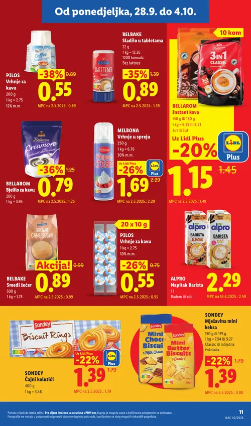 Lidl katalog — stranica 11: PILOS VRHNJE ZA KAVU 12%, BELLAROM Creamore Powdered Coffee Creamer, BELBAKE SLAĐILO U TABLETAMA, PILOS VRHNJE ZA KAVU 10% m.m. (vrijedi 28. 09. 2026.–04. 10. 2026.)