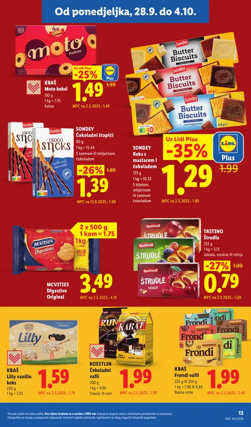 Lidl katalog — stranica 13: SONDEY Butter Biscuits, SONDEY Choco sticks s mlijekom čokoladom, TASTINO Štrudla, KRAŠ Moto keksi Kakao (vrijedi 28. 09. 2026.–04. 10. 2026.)