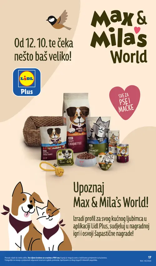 Lidl katalog — stranica 17: Mila's World ADULT PÂTÉ, Mila's World ADULT CREAMY SNACK, Max's World ADULT FESTIVE PÂTÉ, Mila's World ADULT GOURMET CRUNCHY KIBBLES (vrijedi 28. 09. 2026.–04. 10. 2026.)