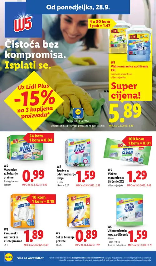 Lidl katalog — stranica 18: W5 Set za brisanje prašine, W5 Spužva za odstranjivanje mrlja, W5 Vlažne maramice za čišćenje XXL, W5 Višenamjenska krpa za čišćenje (vrijedi 28. 09. 2026.–04. 10. 2026.)