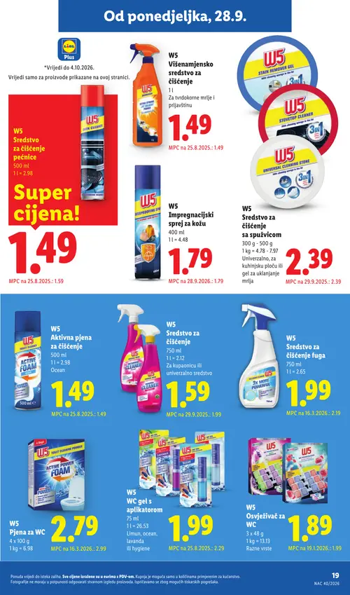 Lidl katalog — stranica 19: W5 Sredstvo za čišćenje, W5 WC gel s aplikatorom, W5 Sredstvo za čišćenje fuga, W5 Pjena za WC (vrijedi 28. 09. 2026.–04. 10. 2026.)