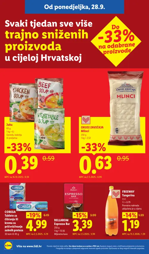 Lidl katalog — stranica 2: Juha, OKUSI ZAVIČAJA Mlinci, COREGA Tablete za čišćenje ili krema za pričvršćivanje zubnih proteza, BELLAROM Espresso Bar mljevena kava (vrijedi 28. 09. 2026.–04. 10. 2026.)