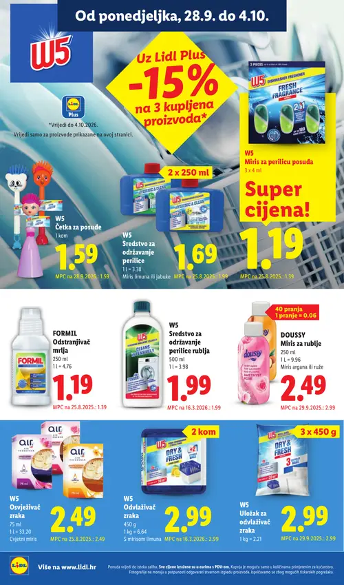 Lidl katalog — stranica 20: DOUSSY Miris za rublje argana ili ruže, W5 Sredstvo za održavanje perilice limun ili jabuka, W5 Miris za perilicu posuđa, FORMIL Odstranjivač mrlja (vrijedi 28. 09. 2026.–04. 10. 2026.)