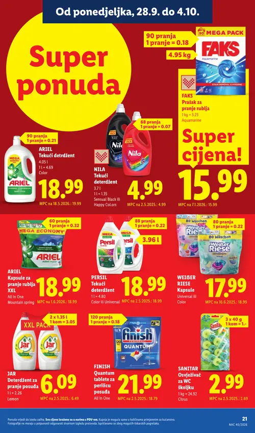 Lidl katalog — stranica 21: JAR Deterdžent za pranje posuđa, WEIBER RIESE Kapsule, ARIEL Tekući deterdžent (vrijedi 28. 09. 2026.–04. 10. 2026.)