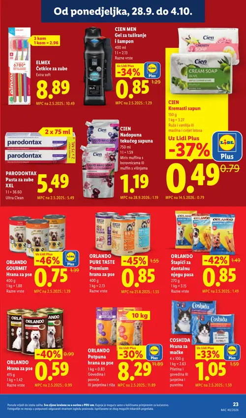 Lidl katalog — stranica 23: ORLANDO GOURMET Hrana za pse Razne vrste, ORLANDO PURE TASTE Premium hrana za pse Razne vrste, ORLANDO Štapići za njegu pasa Razne vrste, ORLANDO Hrana za pse Razne vrste (vrijedi 28. 09. 2026.–04. 10. 2026.)