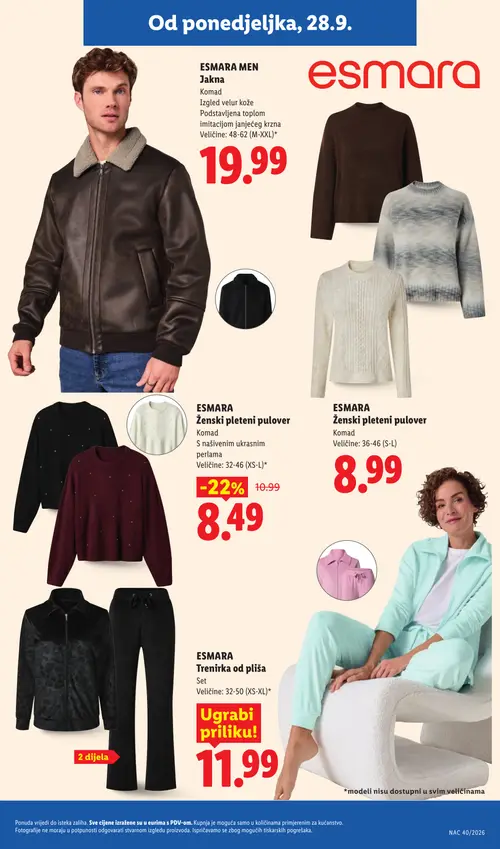 Lidl katalog — stranica 29: ESMARA Ženski pleteni pulover, ESMARA Trenirka od pliš, ESMARA Hlače (vrijedi 28. 09. 2026.–04. 10. 2026.)