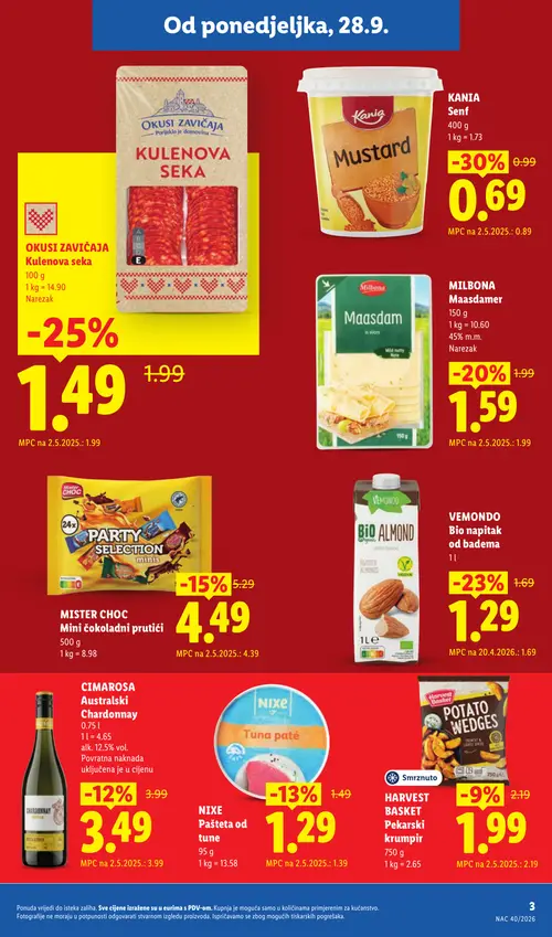 Lidl katalog — stranica 3: KANIA Senf, OKUSI ZAVIČAJA Kulenova seka, VEMONDO Bio napitak od badema, MILBONA Maasdamer (vrijedi 28. 09. 2026.–04. 10. 2026.)