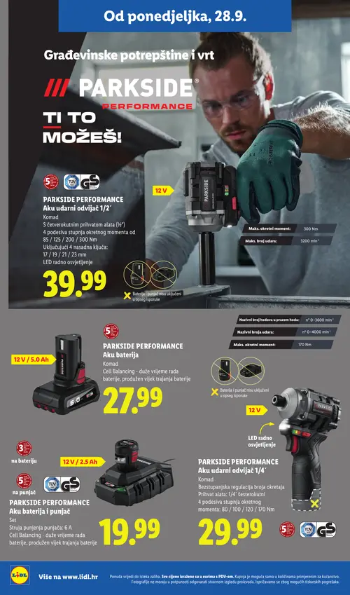 Lidl katalog — stranica 32: PARKSIDE PERFORMANCE Aku baterija 12 V / 5.0 Ah, PARKSIDE PERFORMANCE Aku udarni odvijač 1/2˝, PARKSIDE PERFORMANCE Aku baterija i punjač, PARKSIDE PERFORMANCE Aku udarni odvijač 1/4˝ (vrijedi 28. 09. 2026.–04. 10. 2026.)