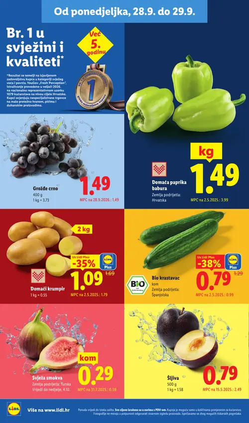 Lidl katalog — stranica 4: Šljiva, Domaća paprika, Svježa smokva, Bio krastavac (vrijedi 28. 09. 2026.–04. 10. 2026.)