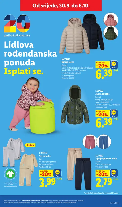 Lidl katalog — stranica 43: LUPILU Dječje sportske hlače, LUPILU Set za bebe, LUPILU Jakna za bebe, LUPILU Dječja jakna (vrijedi 28. 09. 2026.–04. 10. 2026.)