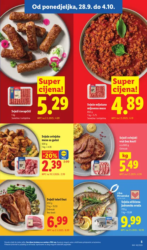 Lidl katalog — stranica 5: Svježi teleći but, Svježi svinjski vrat bez kosti, Svježe svinjsko meso za gulaš, Svježa očišćena jadranska orada (vrijedi 28. 09. 2026.–04. 10. 2026.)