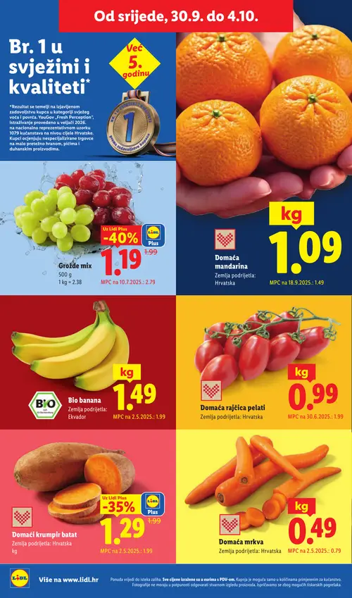 Lidl katalog — stranica 54: Domaća rajčica pelati, Lidl Plus Grožđe mix, Domaća mrkva, Lidl Plus Domaći krumpir batat (vrijedi 28. 09. 2026.–04. 10. 2026.)