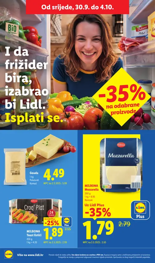 Lidl katalog — stranica 56: MILBONA Toast listići, MILBONA Mozzarella, Gouda Polutvrdi Komad (vrijedi 28. 09. 2026.–04. 10. 2026.)