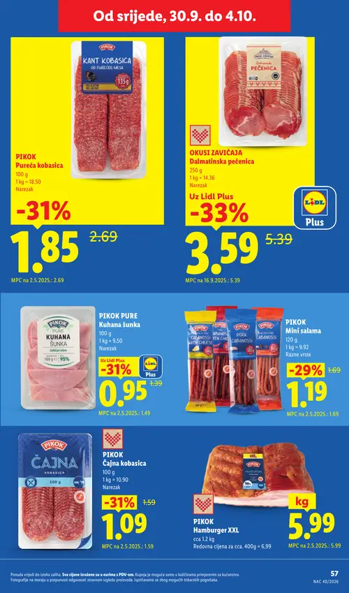 Lidl katalog — stranica 57: OKUSI ZAVIČAJA Dalmatinska pečenica, PIKOK PURE Kuhana šunka, PIKOK Čajna kobasica, PIKOK Pureća kobasica (vrijedi 28. 09. 2026.–04. 10. 2026.)