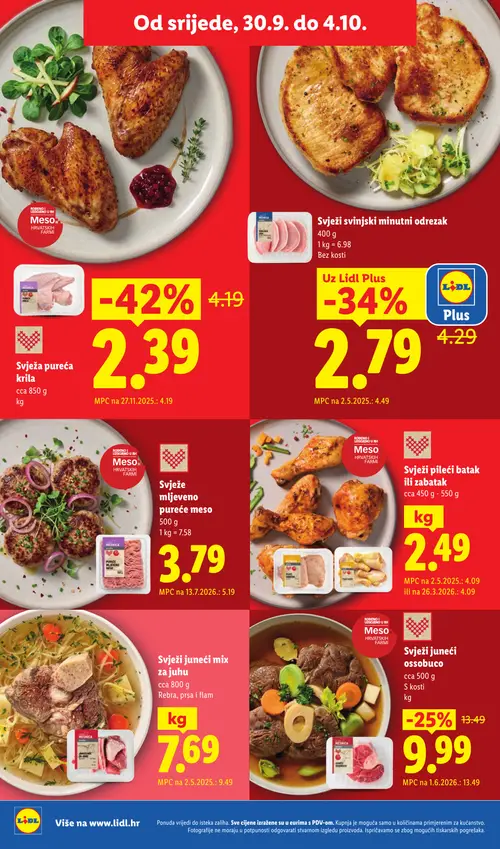 Lidl katalog — stranica 58: Svježa pureća krila, Svježi pileći batak ili zabatak, Svježi svinjski minutni odrezak, Svježe mljeveno pureće meso (vrijedi 28. 09. 2026.–04. 10. 2026.)
