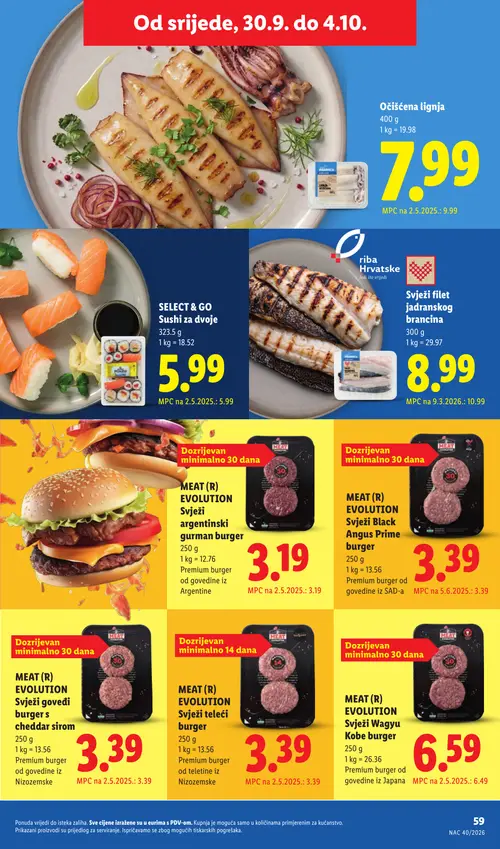 Lidl katalog — stranica 59: Očišćena lignja, Svježi filet jadranskog brancina (vrijedi 28. 09. 2026.–04. 10. 2026.)