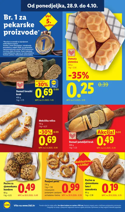 Lidl katalog — stranica 6: Domaća pletenica, Domaći lovački kruh, Meksička rolice, Domaći polubijeli kruh (vrijedi 28. 09. 2026.–04. 10. 2026.)