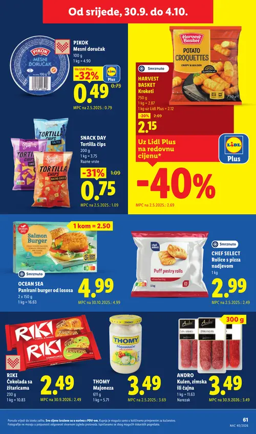 Lidl katalog — stranica 61: PIKOK Mesni doručak, SNACK DAY Tortilla čips (razne vrste), HARVEST BASKET Potato croquettes, THOMY Majoneza (vrijedi 28. 09. 2026.–04. 10. 2026.)