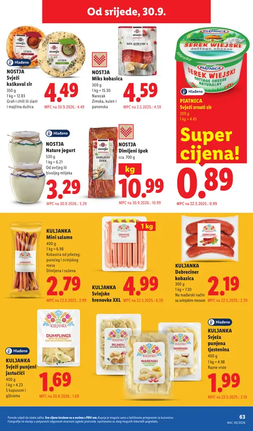 Lidl katalog — stranica 63: KULJANKA Svinske hrenovke XXL, PIATNICA Svježi zrnati sir, KULJANKA Svježa punjena tjestenina, KULJANKA Debreciner kobasica (vrijedi 28. 09. 2026.–04. 10. 2026.)