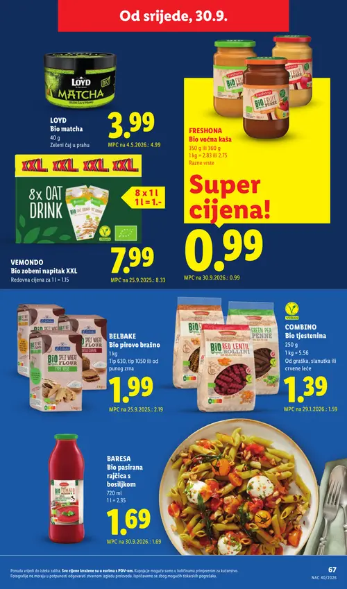 Lidl katalog — stranica 67: LOYD Bio matcha, COMBINO Bio tjestenina, BELBAKE Bio pirovo brašno, VEMONDO Bio zobeni napitak XXL (vrijedi 28. 09. 2026.–04. 10. 2026.)