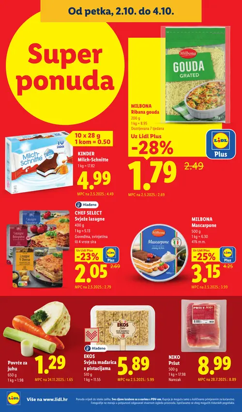 Lidl katalog — stranica 68: Milbona Gouda Grated, Chef Select Svježe lasagne Bolognese, Chef Select Svježe lasagne 4 Cheese, Milbona Mascarpone (vrijedi 28. 09. 2026.–04. 10. 2026.)