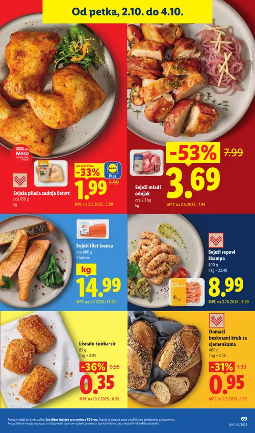 Lidl katalog — stranica 69: Svježi mladi odojak, Lisnato šunka-sir, Svježa pileća zadnja četvrt, Domaći beskvasni kruh sa sjemenkama (vrijedi 28. 09. 2026.–04. 10. 2026.)