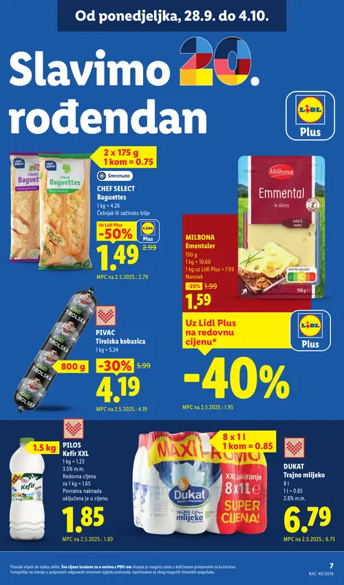 Lidl katalog — stranica 7: CHEF SELECT Baguettes, Pivac Tirolska kobasica, MILBONA Emmentaler narezak, Pils Kefir XXL (vrijedi 28. 09. 2026.–04. 10. 2026.)