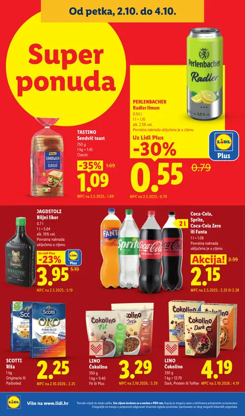 Lidl katalog — stranica 70: TASTINO Sendvič toast Classic, PERLENBACHER Radler limun, JAGDSTOLZ Biljni liker, Coca-Cola, Sprite, Coca-Cola Zero ili Fanta (vrijedi 28. 09. 2026.–04. 10. 2026.)