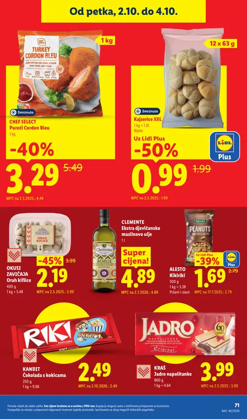 Lidl katalog — stranica 71: Kajzerice XXL, OKUSI ZAVIČAJA Orah kiflice, CHEF SELECT Pureći Cordon Bleu, ALESTO Kikiriki Prženi i slani (vrijedi 28. 09. 2026.–04. 10. 2026.)
