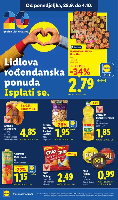 Lidl katalog — stranica 8: SOLEVITA Multivitamin, ALESTO SELECTION Indijski oraščići, TRATTORIA ALFREDO Picco Pizza, POLI Pašteta (vrijedi 28. 09. 2026.–04. 10. 2026.)